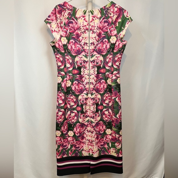 Pink and Beige Flower Shortsleeved Midi Dress Size 8 - Picture 6 of 8